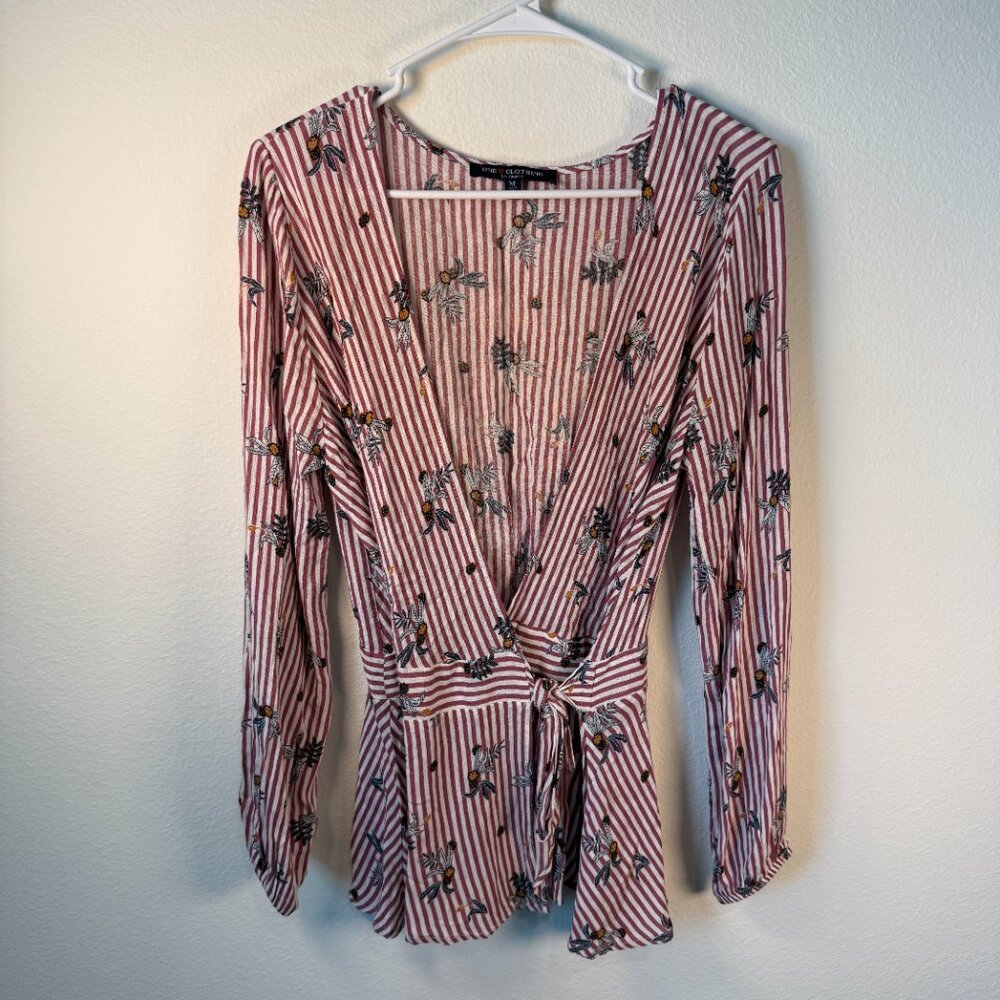 One Love Clothing Pink/white Strip and Floral Wrapped Long Sleeve Shirt Sz M